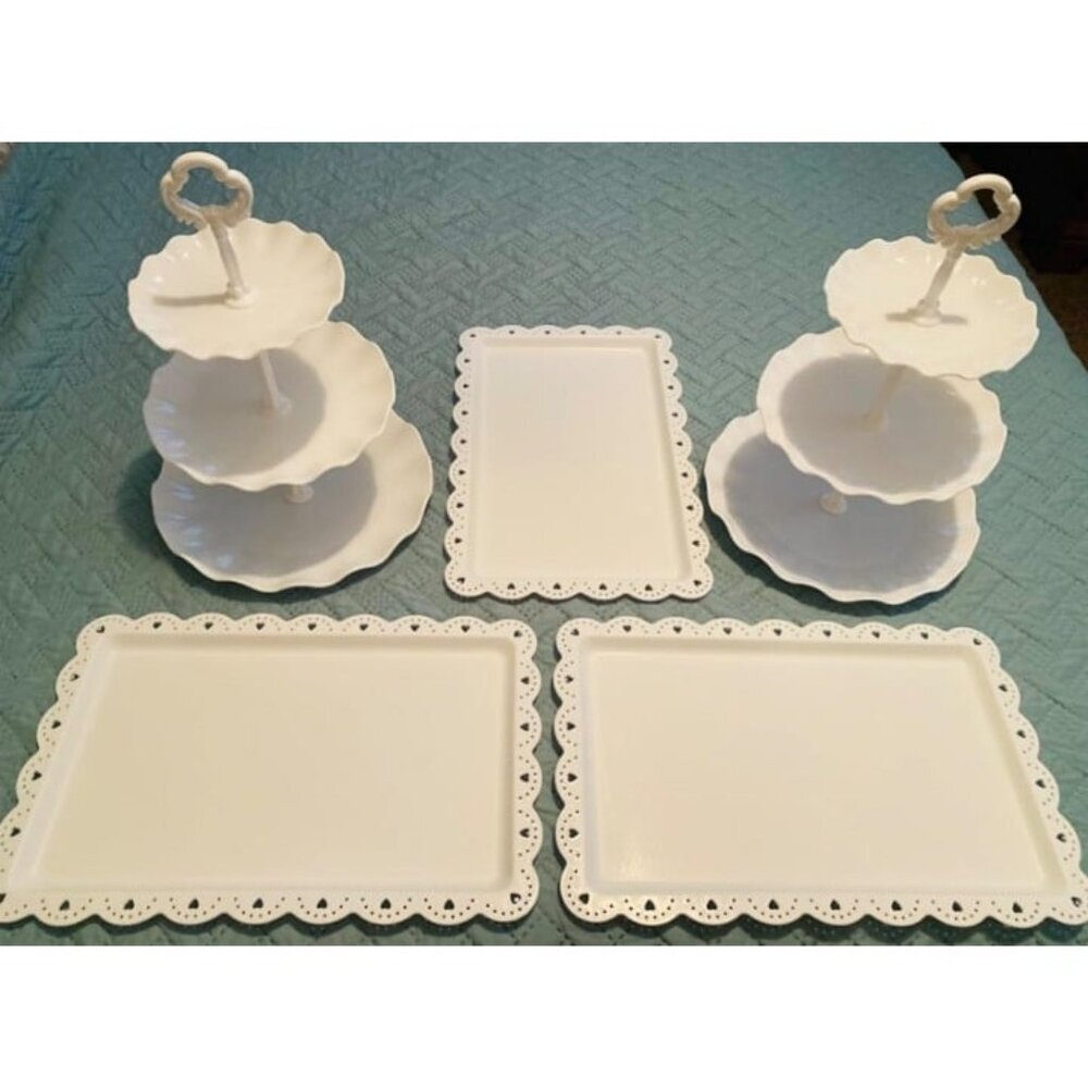 New 5 Piece Cake Stand Set with 2xLarge 3-Tier Cupcake Stands, 3X Appetizer Tray
